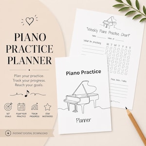 Redigerbar pianoövningsplanerare för barn – Veckovisa och månatliga musiklistor, uppvärmning, repertoar, mål – Canva-mall + DIREKT PDF – bonus