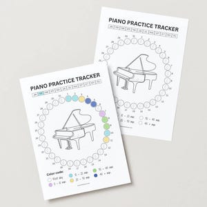 May include: Two white sheets of paper with the text "PIANO PRACTICE TRACKER". Each sheet features a circular design with a piano illustration and a color-coded system for tracking practice time. The sheets are on a light gray background.