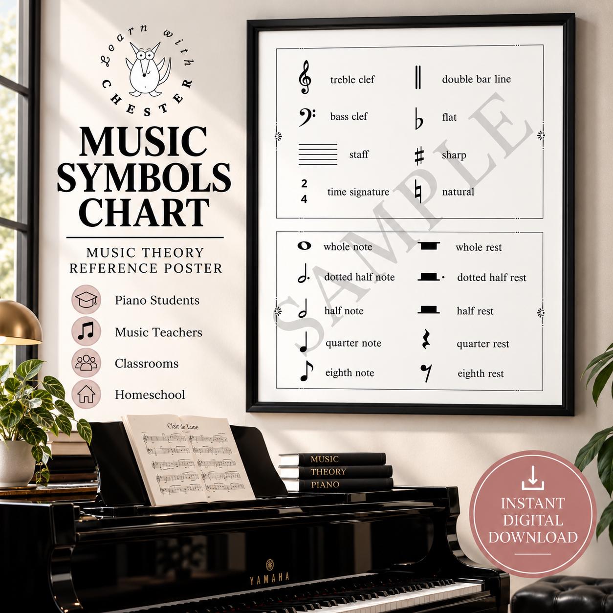 Music Symbols Chart Printable, Music Theory Poster, Piano