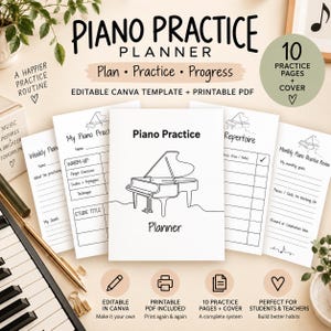 Puede incluir: Un conjunto de plantillas Piano Practice Planner que incluye una portada con un piano de cola en dibujo lineal y el texto Piano Practice Planner. Contiene varias páginas imprimibles para la planificación semanal y el seguimiento.