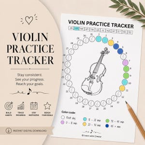May include: A white paper violin practice tracker featuring a circular calendar with numbered days and a central violin illustration. The sheet includes a color code legend for practice durations, month labels, and the text Violin Practice Tracker.