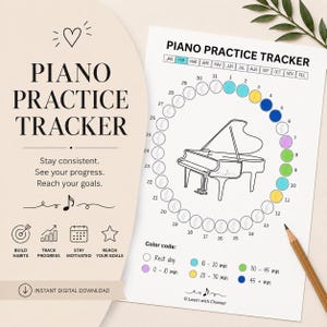 May include: A piano practice tracker printable sheet featuring a circular calendar with numbered days surrounding a grand piano illustration. Includes a color-coded legend for practice duration, monthly headers, and text reading Piano Practice Tracker.