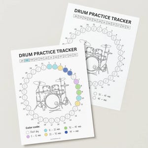 May include: Two white paper sheets titled DRUM PRACTICE TRACKER featuring a central line drawing of a drum kit surrounded by a circular calendar of 31 days. The tracker includes a color-coded legend for practice duration and month labels.