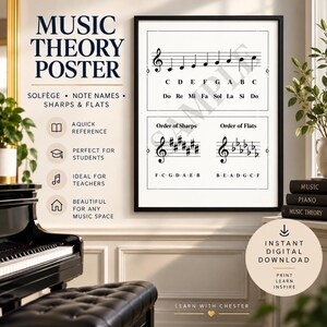 May include: A framed music theory poster featuring a treble clef staff with note names C through C and solfège syllables. Below, the poster displays the order of sharps and flats with corresponding letter sequences. The text reads Music Theory Poster.