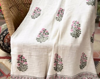 Vintage Hand Block Print Cotton Throw Blanket | Pink Green Floral (45x70inches)