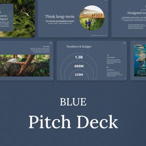 May include: A blue presentation deck titled "BLUE Pitch Deck" with the text "65+ slides." The presentation includes slides with the text "Sustainability Theme - Blue Deck," "Think long-term," and "Numbers & Budget."