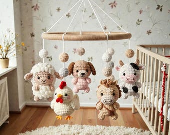 Crochet Animal , Handmade Hanging , Theme Nursery Decor, Neutral Farm Mobile, Textile Art Decor