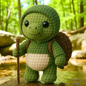 Könnte beinhalten: Eine handgefertigte Schildkrötenpuppe aus Häkelarbeit mit einer grünen Kapuzenjacke, einem braunen Panzer und einem Wanderstock. Die Schildkröte hat große schwarze Augen und einen cremefarbenen Bauch. Die Puppe steht in der Nähe eines Baches.