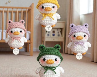 Handgemachte gehäkelte Entenpuppe, Amigurumi Ente mit Frosch Hut, weiches Garn Enten Plüschtier, gehäkeltes Tierspielzeug, Kinderzimmerregal Dekor