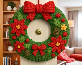 手作りの糸で編んだクリスマスリース：かぎ針編みのリボン、冬の