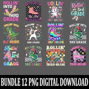 Rollin&#39; Into Third Grade PNG, Fun Back to School Skateboard Clipart, Digital Download for Kids, First Day Sublimation Design