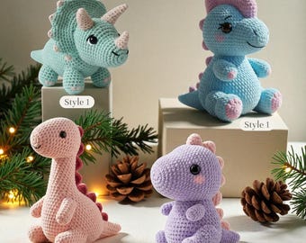 Crochet Dinosaur Amigurumi Set, Handmade Plush Dino Toy, Crochet Triceratops and Dragon Decor Gift, Soft Yarn Animal Figurine