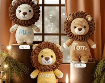 Personalized Crochet Lion Plush Toy, Custom Name Stuffed Animal Gift, Handmade Soft Crochet Doll, Cute Lion Nursery Decor