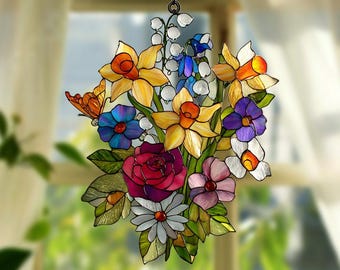 Familie Geburtsblumen Suncatcher, Gartengeschenk der Mutter, Blumenglaskunst, Geburtsblumengeschenk für Nana, Muttertagsgeschenk für Mutter