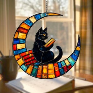 Cat Reading on the Moon Faux Stained Glass Suncatcher, Acrylic Cat Book Lover Window Hanging, Librarian Gift for Home Decor