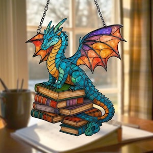 Book Dragon Acrylic Suncatcher, Fantasy Dragon Window Hanging, Perfect Gift for Dragon and Book Lovers, Fourth Wing Decor for Dragons Lovers