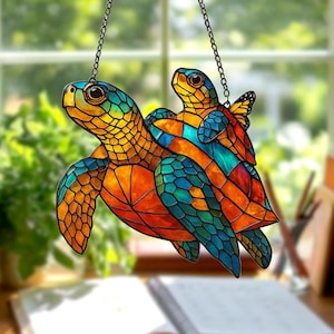 Tortoise Mom Faux Stained Glass Window Hanging, Turtle Acrylic Suncatcher, Perfect Gift for Turtle and Beach Lovers, Turtle Home Decor