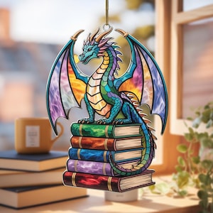 Book Dragon Suncatcher Ornament, Fantasy Dragon Acrylic Window Hanging, Dragon Gift, Bookish Home Decor, Librarian Gift, Book Lover Gifts