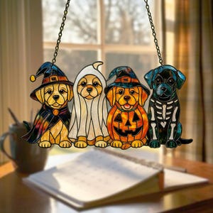 Halloween Dog Acrylic Suncatcher – Cute Pumpkin Ghost Witch Dogs Hanging Decor – Spooky Fall Window Ornament for Dog Lovers