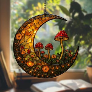 Attrape-soleil en croissant de lune enchanté avec champignons et fleurs, oeuvre d'art acrylique suspendue pour décoration de chambre Fairycore ou Cottagecore