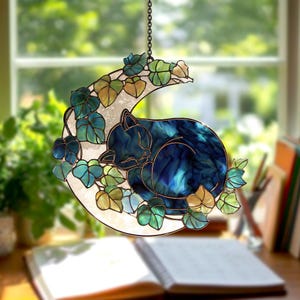 Black Cat Sleeping on Ivy Hologram Ornament | Cat ACRYLIC Window Hanging | Plant Lover Gift | Ivy Plants Decor, Cozy Cat Decor, Gift For Mom