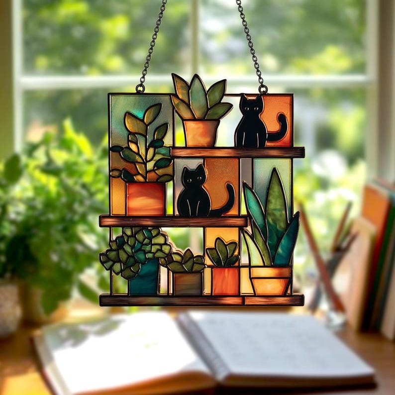 Acrylic Cat & Plant Suncatcher, Orange Cat Monstera Window Hanging ...