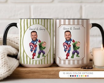 Personalisierte Superheld Fototasse, individuelles Vater und Sohn Porträt, Vatertag 2026 Geschenk für Papa, Vatertags-Superheld-Tasse
