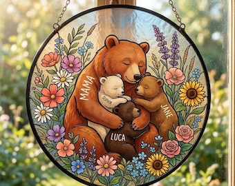 Atrapasueños de vitral con flores de mamá osa personalizado, regalo para el Día de la Madre para mamá, abuela, mamá e hijos, recuerdo familiar de osos.