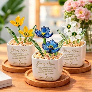 継母へのカスタムメッセージ入りガラス製植木鉢、パーソナライズされた義母の記念品、ガラス製のバラの花箱、第二の母への意味のある贈り物