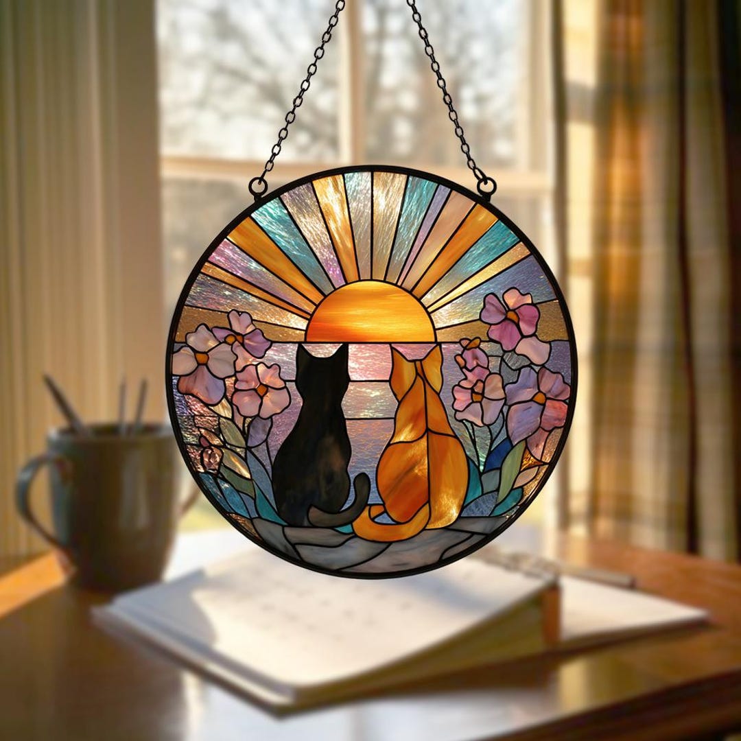 Cat Couple Stained Glass Suncatcher – Black and Orange Cats Window ...