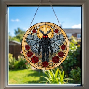 May include: Stained glass window art featuring a moth-like creature with red eyes and a dark body, surrounded by red roses and a yellow halo. The artwork is circular and hangs in a window, with a chain for hanging.