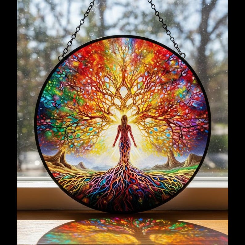 Rainbow Tree of Life Stained Glass Suncatcher, Spiritual Window Hanging ...