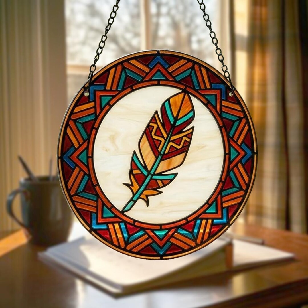 Native American Feather Stained Glass Suncatcher, Boho Wall Art ...