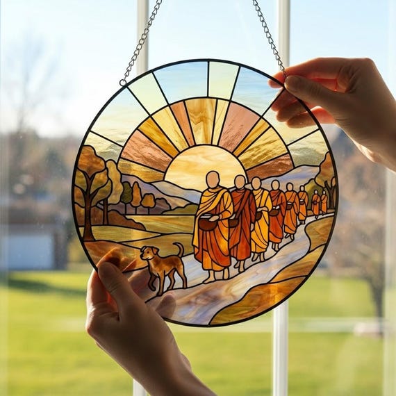 Walk for Peace Suncatcher, Peaceful Buddhist Monks with Aloka Dog, Zen Compassion Window Art, Mindfulness Home Decor