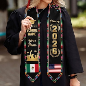 Gepersonaliseerde twee vlaggen afstudeerstola 2026, aangepaste Mexicaanse Guatemalteekse sjerp, Dual Heritage Latino afstudeercadeau, 2 vlaggen afstudeerstola