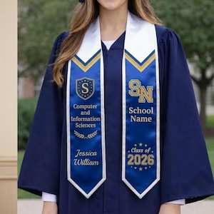 May include: A navy blue graduation gown with white and gold detailing. The sash features the text "Computer and Information Sciences", "Jessica William", and "Class of 2026". The school name and initial are also visible.