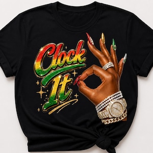 May include: A black t-shirt featuring a graphic of a hand making an okay gesture with long colorful nails, multiple diamond-style bracelets, and a gold watch. The text Clock It is printed in a red, yellow, and green gradient with a glittery effect.