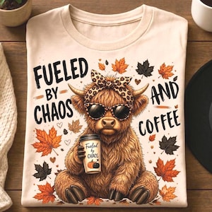 May include: A cream-colored t-shirt featuring a graphic of a fluffy highland cow wearing a leopard print bow and sunglasses. The cow holds a coffee cup labeled Fueled by Chaos. The text reads Fueled by Chaos and Coffee amidst autumn leaves.