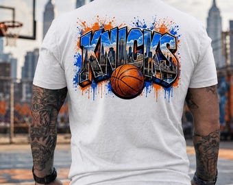 New York Knicks Graffiti T-Shirt Design PNG, Retro Basketball Sublimation File, NYC Skyline Streetwear DTF Design, Basketball Graphic