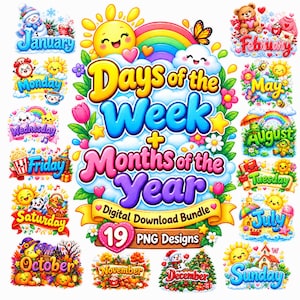 Pode incluir: Um pacote de download digital com 19 designs PNG coloridos dos dias da semana e meses do ano. Cada gráfico inclui personagens de desenhos animados, elementos sazonais e etiquetas de texto em negrito como January, Monday e October.