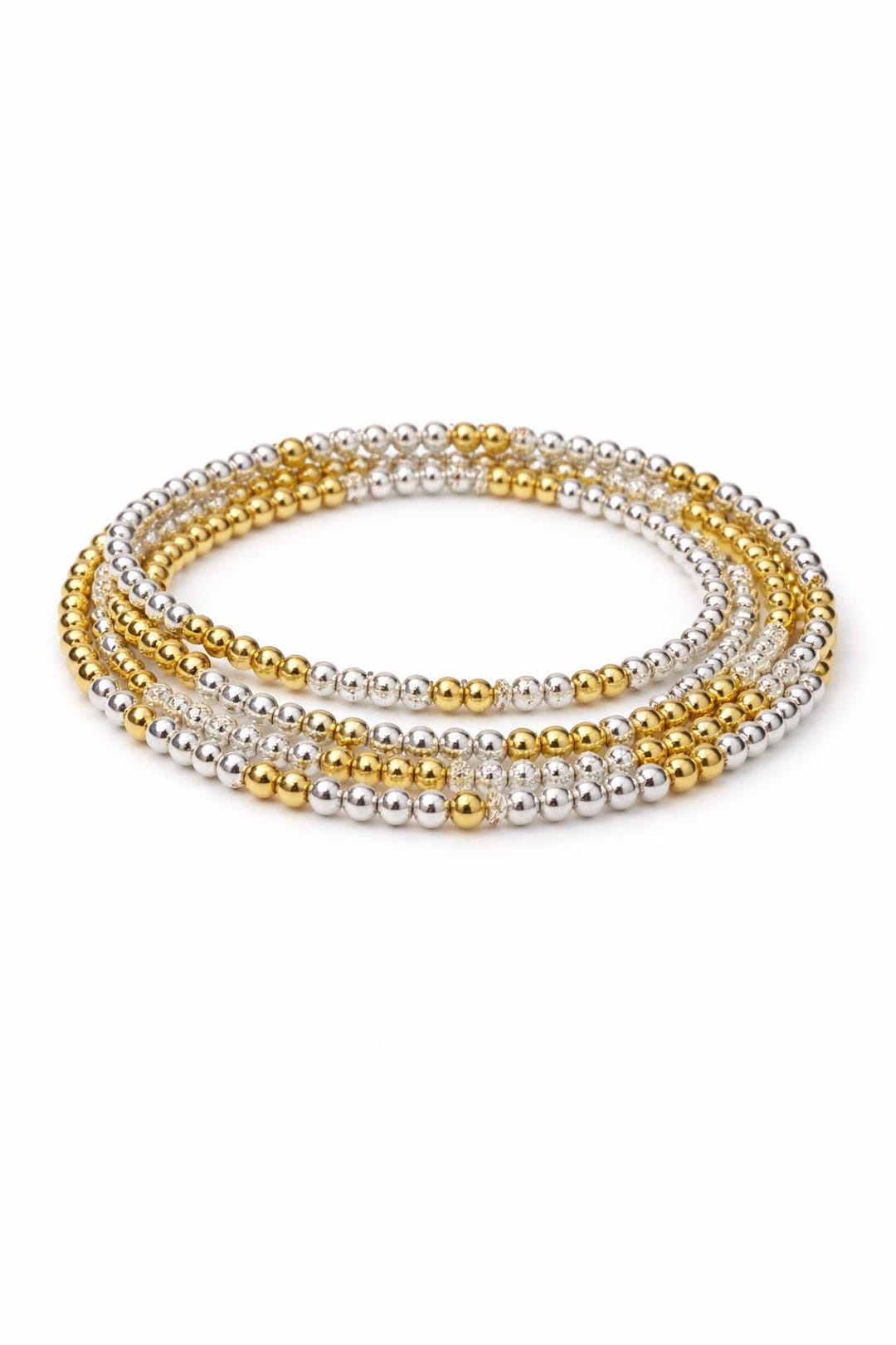 Silver & Gold Beaded Bracelet Stack – Mixed Metal Stretch Bracelet Set ...