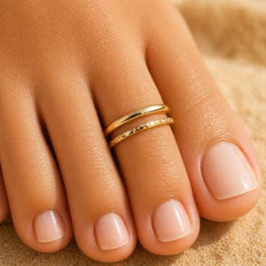 14K Gold Toe Ring Set -Trendy 14k Gold Toe Rings 2 PC Set – Adjustable Stacked Toe Rings, Minimalist Every Day Gift for Her -Summer Jewelry