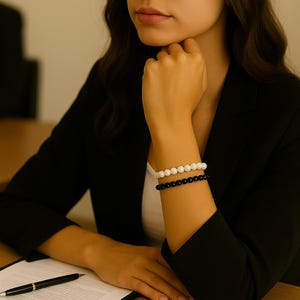 Black and White Beaded Bracelet Set – Minimalist Stackable Bracelets for Women – Glossy Glass Beads with Lobster Clasp –  Everyday Jewelry