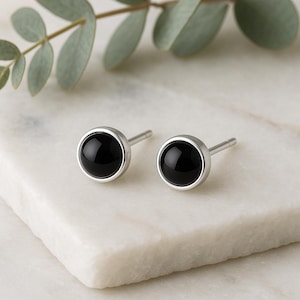 Black Onyx Stud Earrings – 6 mm Gemstones in Sterling Silver or 14 k Gold - Black Earrings - Boho Womens Earrings - St Clair Fine Jewelry