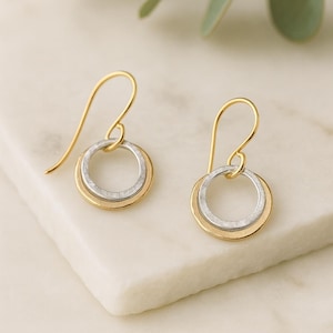 Mixed Metal Circle Dangle Earrings: Gold & Sterling Silver Boho Jewelry