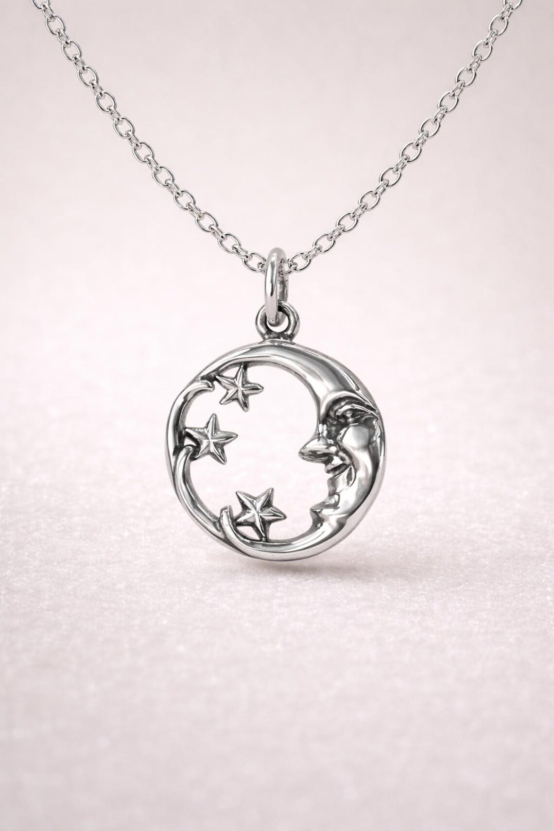 Sterling Silver Moon and Stars Necklace | Celestial Silver Pendant ...