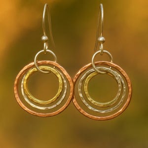 Tri-Color Mixed Metal Boho Hoop Earrings – Copper, Silver & Gold Circles – Minimalist Dangle Earrings Matches Everything - Womens Jewelry