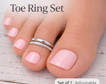 Sterling Silver Toe Ring Set of 2 – Sparkle, Adjustable Toe Rings, Stackable .925 Toe Ring, Dainty Toe Ring Gift for Her - Waterproof