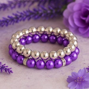 Purple & Silver Beaded Bracelet Set: Boho Rhinestone Stacking Jewelry