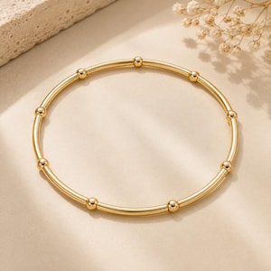 14K Gold Filled Stretch Bracelet, Gold Tube Bead Bracelet, 3mm Beaded Bangle, Minimalist Stackable Gold Bracelet, Gift for Her